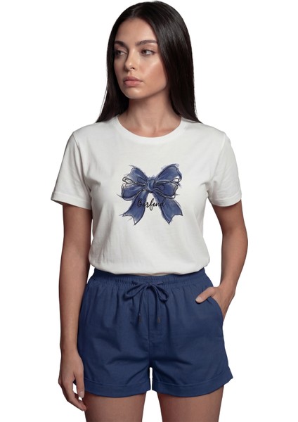 ''borfend'' Sanatsal Mavi Fiyonk Baskılı %100 Pamuk Rahat Kesim Premium Kadın Tişört indirimleri