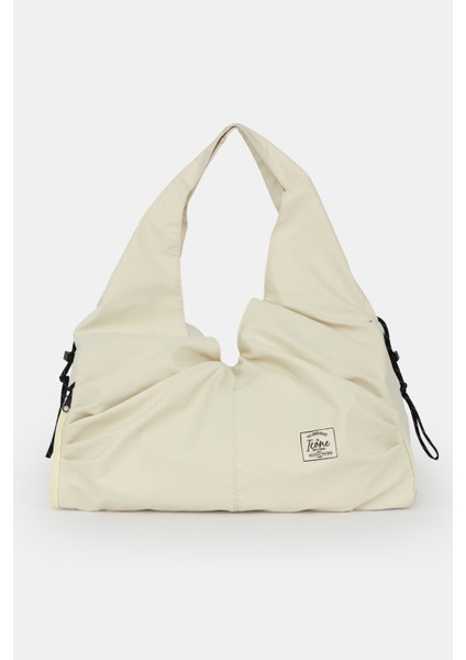 Icone Pliseli Fermuarlı Yoga Çantası, Fitness Çantası, Gym Heybe Görünümlü Pliseli Krem Spor Çantası