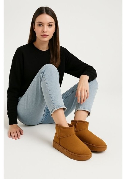 Kadın Kalın Taban Süet Bot Platform Topuklu Taba En Iyi Muadil Içi Kürklü Ug Model Bot & Bootie