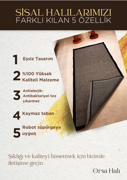 Fendy Kaymaz Taban Antre Hol Mutfak Balkon Bahçe ve Diğer Yaşam Alanları Için Jüt Sisal Halı