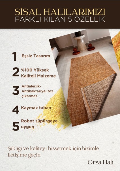 Fendy Kaymaz Taban Antre Hol Mutfak Balkon Bahçe ve Diğer Yaşam Alanları Için Jüt Sisal Halı