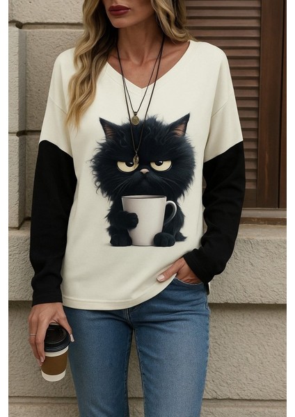 Cottonlab Kadın Uzun Kollu V Yakalı Kedi Baskılı Şardonlu Dalgıç Bluz