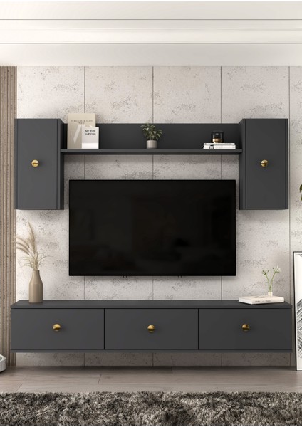 1334TV180-1DD Duvara Montaj Tv Sehpası, Tv Ünitesi Antrasit-Altın