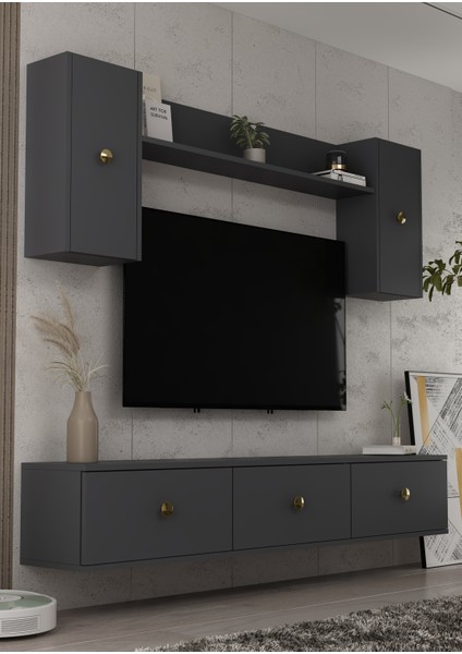 1334TV180-1DD Duvara Montaj Tv Sehpası, Tv Ünitesi Antrasit-Altın