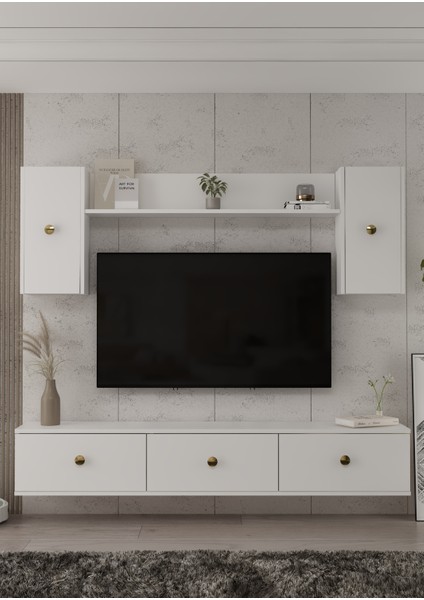 1334TV180-1DD Duvara Montaj Tv Sehpası, Tv Ünitesi Beyaz-Altın