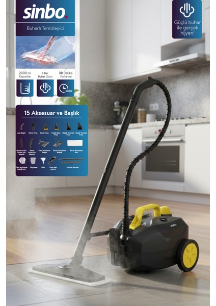 2000W 5 Bar Yüksek Basınçlı, 15 Başlıklı, 2 Lt, 110°C Profesyonel Buharlı Temizleyici SSC-6428