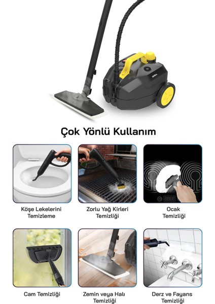 2000W 5 Bar Yüksek Basınçlı, 15 Başlıklı, 2 Lt, 110°C Profesyonel Buharlı Temizleyici SSC-6428 fiyatları