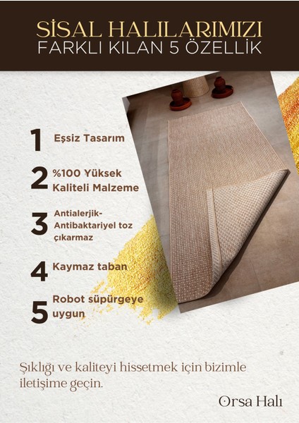 Fendy Kaymaz Taban Antre Hol Mutfak Balkon Bahçe ve Diğer Yaşam Alanları Için Jüt Sisal Halı