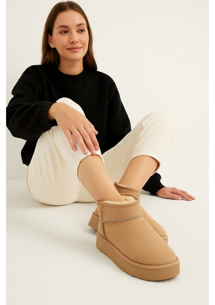 Kadın Kalın Taban Süet Bot Platform Topuklu Vizon En Iyi Muadil Içi Kürklü Ug Model Bot & Bootie