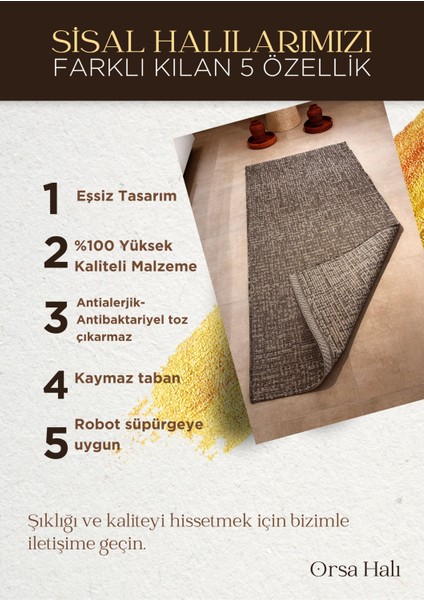 Fendy Kaymaz Taban Antre Hol Mutfak Balkon Bahçe ve Diğer Yaşam Alanları Için Jüt Sisal Halı