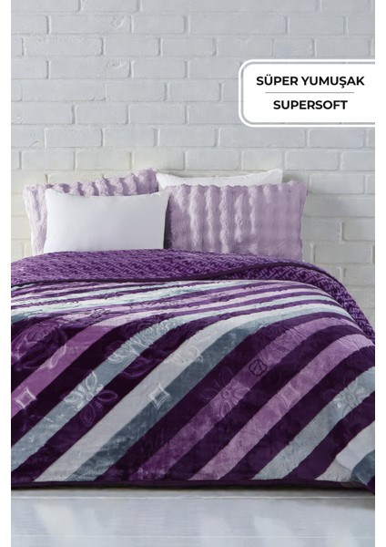Lora 3 kg Embos Baskılı Battaniye Çift Kişilik Kalın Yumuşak 220X240 cm Lila Mor