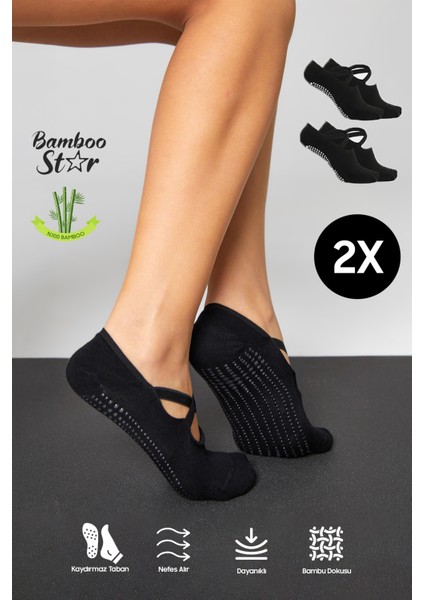 Bambu Kadın Siyah Kaydırmaz Taban Silikon Baskı Pilates Yoga Fitness Dans Aktivite Babet Çorabı 2’li