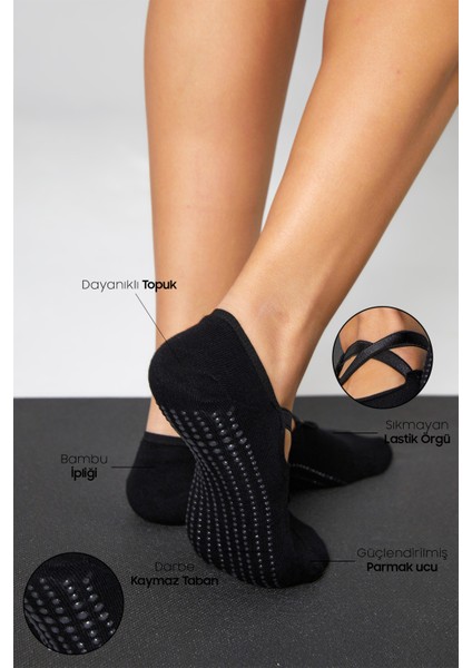 Bambu Kadın Siyah Kaydırmaz Taban Silikon Baskı Pilates Yoga Fitness Dans Aktivite Babet Çorabı 2’li fiyatları