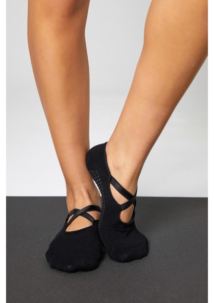 Bambu Kadın Siyah Kaydırmaz Taban Silikon Baskı Pilates Yoga Fitness Dans Aktivite Babet Çorabı 2’li modelleri