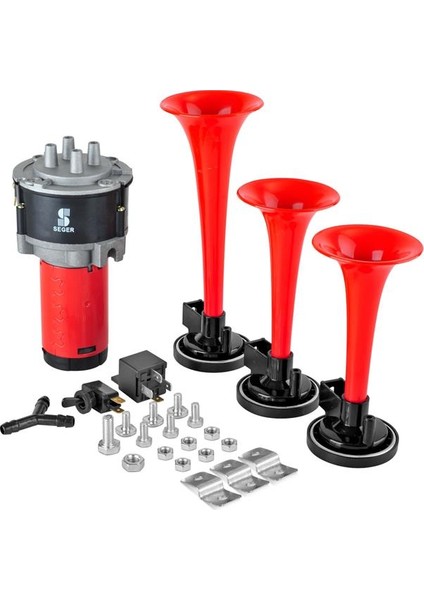 80KH12.000.03B Korna Kompresörlü Üç Plastik Borulu 12V Kırmızı