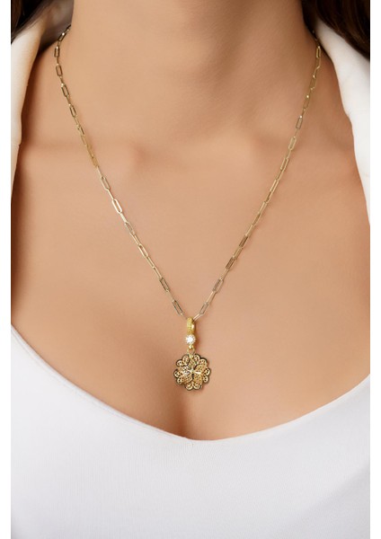 14 Ayar Altın Ataç Zincirde Gül Motifli Telkari Kolye