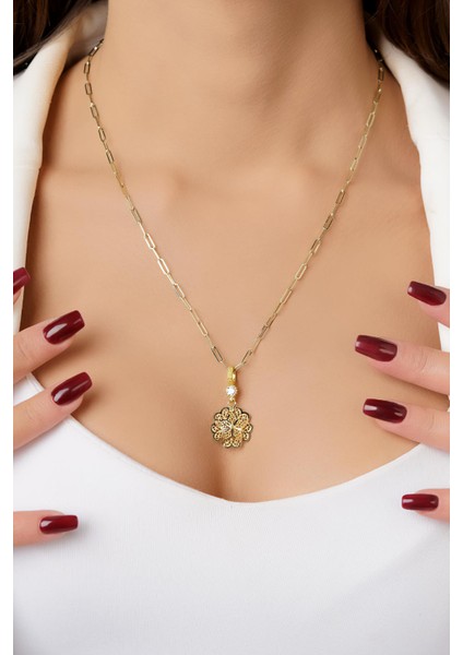 14 Ayar Altın Ataç Zincirde Gül Motifli Telkari Kolye modelleri