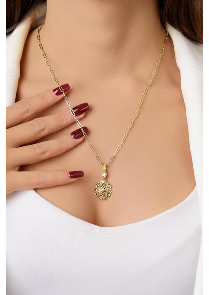 14 Ayar Altın Ataç Zincirde Gül Motifli Telkari Kolye fırsatları