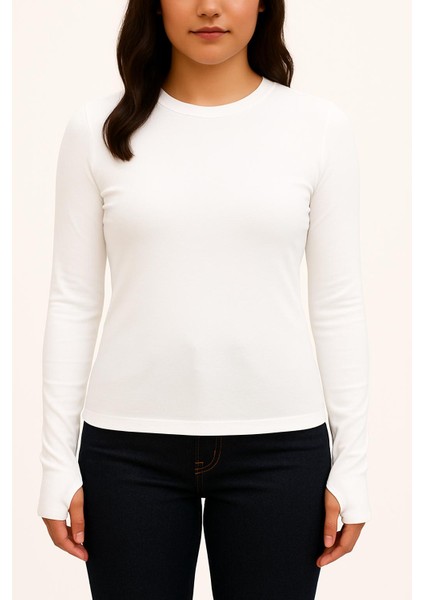 Yumuşak Modal Dokulu Pamuk Dokuma Uzun Kol Parmak Geçmeli Bisiklet Yaka Body – Esnek Basic T-Shirt