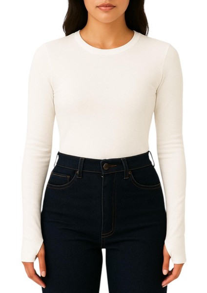 Yumuşak Modal Dokulu Pamuk Dokuma Uzun Kol Parmak Geçmeli Bisiklet Yaka Body – Esnek Basic T-Shirt fiyatları