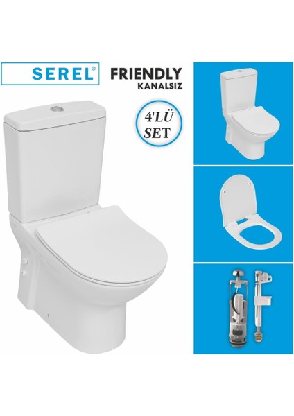 Friendly Kanalsız Duvara Sıfır Klozet + Rezervuar + Iç Takım + Blaze Slim Yavaş Kapanan Kapak 4'lü Set