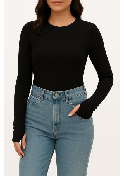 Yumuşak Modal Dokulu Pamuk Dokuma Uzun Kol Parmak Geçmeli Bisiklet Yaka Body – Esnek Basic T-Shirt