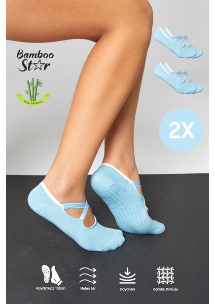 Bambu Kadın Mavi Kaydırmaz Taban Silikon Baskı Pilates Yoga Fitness Dans Aktivite Babet Çorabı 2’li