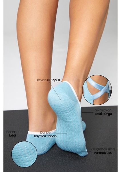 Bambu Kadın Mavi Kaydırmaz Taban Silikon Baskı Pilates Yoga Fitness Dans Aktivite Babet Çorabı 2’li fiyatları
