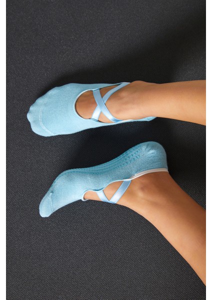 Bambu Kadın Mavi Kaydırmaz Taban Silikon Baskı Pilates Yoga Fitness Dans Aktivite Babet Çorabı 2’li modelleri