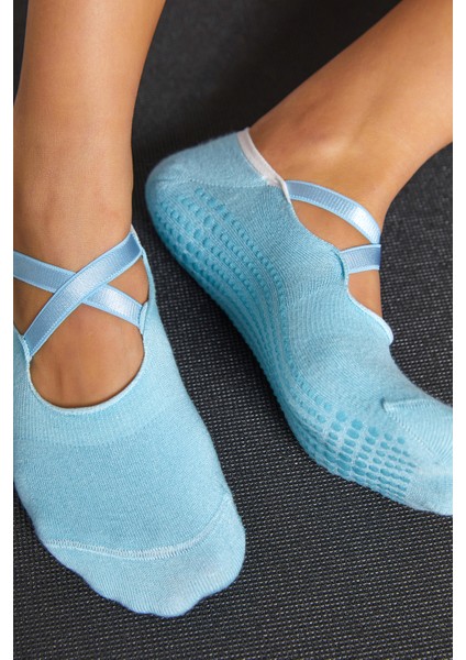 Bambu Kadın Mavi Kaydırmaz Taban Silikon Baskı Pilates Yoga Fitness Dans Aktivite Babet Çorabı 2’li fırsatları