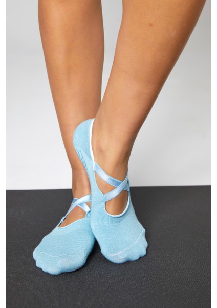 Bambu Kadın Mavi Kaydırmaz Taban Silikon Baskı Pilates Yoga Fitness Dans Aktivite Babet Çorabı 2’li indirimleri