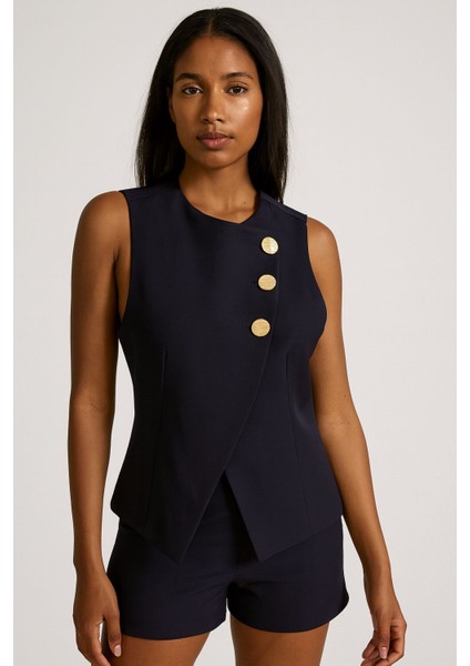 Kadın Lacivert Bisiklet Yaka Gold Düğmeli Yelek