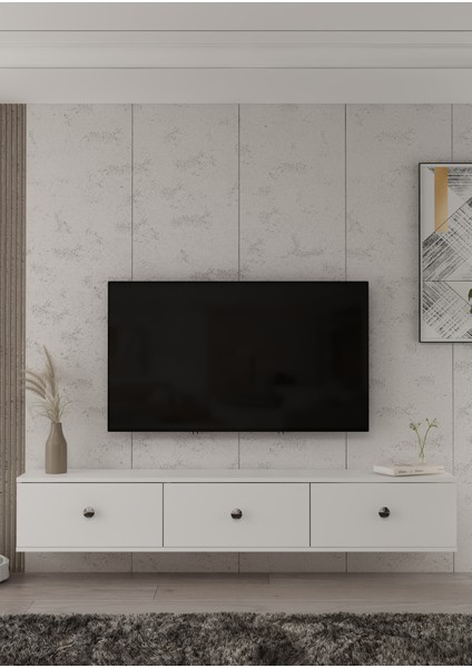 1335TV180-1DD Duvara Montaj Tv Sehpası,beyaz-Gümüş