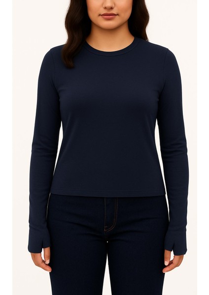 Yumuşak Modal Dokulu Pamuk Dokuma Uzun Kol Parmak Geçmeli Bisiklet Yaka Body – Esnek Basic T-Shirt