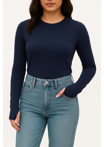 Yumuşak Modal Dokulu Pamuk Dokuma Uzun Kol Parmak Geçmeli Bisiklet Yaka Body – Esnek Basic T-Shirt fırsatları