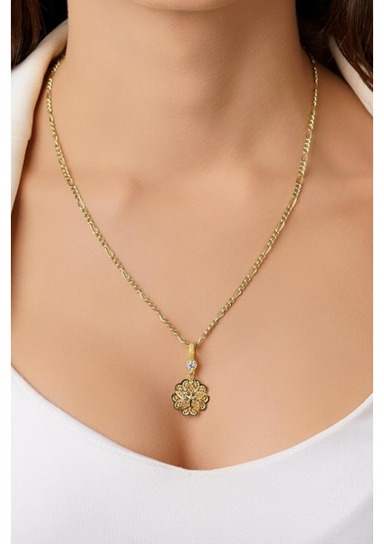 14 Ayar Altın Figaro Zincirde Gül Motifli Telkari Kolye