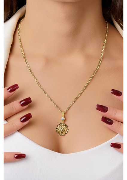 14 Ayar Altın Figaro Zincirde Gül Motifli Telkari Kolye fiyatları