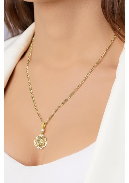 14 Ayar Altın Figaro Zincirde Gül Motifli Telkari Kolye modelleri