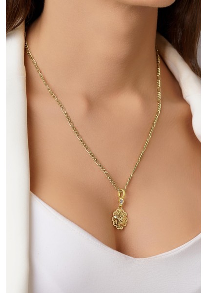 14 Ayar Altın Figaro Zincirde Gül Motifli Telkari Kolye fırsatları