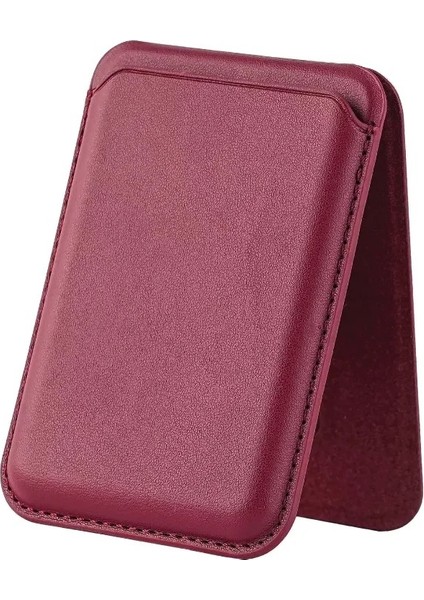 Tmw4 iPhone Magsafe Uyumlu Deri Cüzdan Manyetik Kartlık Standlı Katlanabilir Şarap Kırmızısı