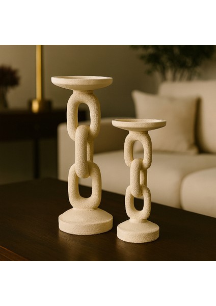 Dekoratif 2'li Zincir Şamdan - Traverten Renk