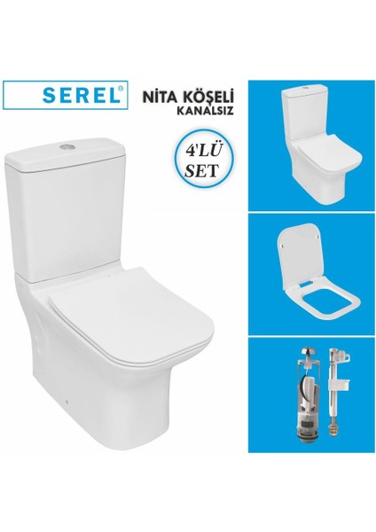 Nita Köşeli Kanalsız Duvara Sıfır Klozet + Rezervuar + Iç Takım + Zenith Slim Yavaş Kapanan Kapak 4'lü Set
