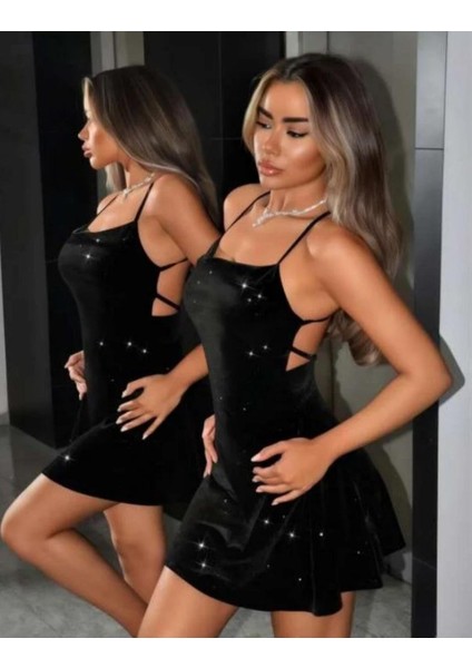 Simli Sırt Bağlamalı Dekolteli Kloş Kadın Fantezi Gece Elbisesi fiyatları