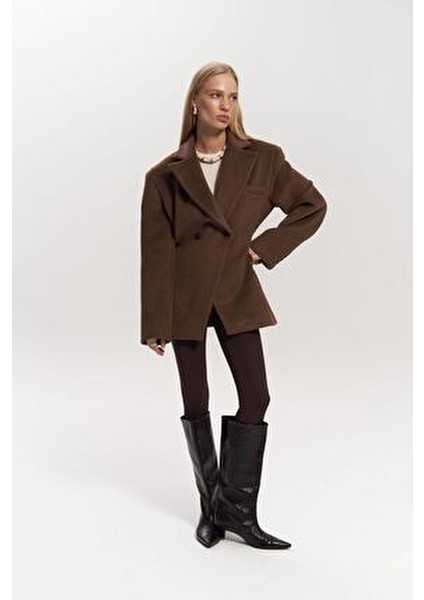 Naica Kadın Kahve Blazer Ceket, Belden Oturmalı Polyester Kumaş, Kruvaze Yaka, Cepsiz