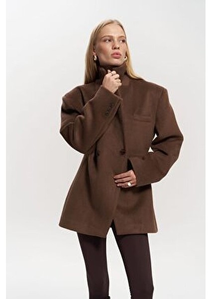 Naica Kadın Kahve Blazer Ceket, Belden Oturmalı Polyester Kumaş, Kruvaze Yaka, Cepsiz