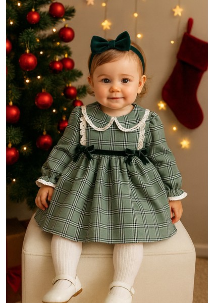 BEBE YAKA EKOSE DESENLİ YEŞİL RENK KIZ ÇOCUK ELBİSE- SAÇ BANTI HEDİYELİ indirimleri