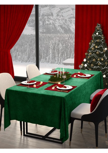 Kadife Dokulu Zümrüt Masa Örtüsü