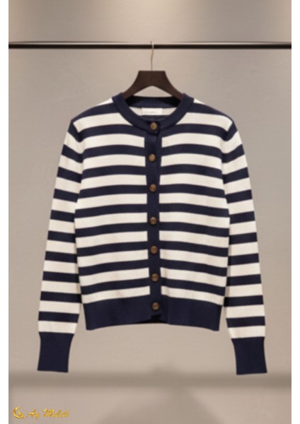 Kadın Çizgili Triko Hırka Düğmeli Bisiklet Yaka Kısa Yumuşak Dokulu Hırka