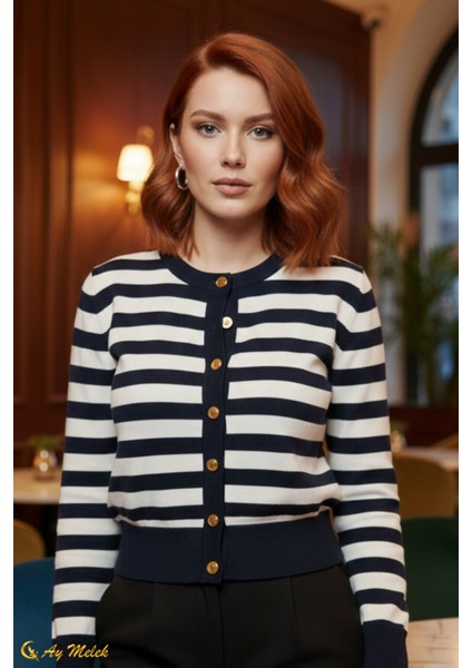 Kadın Çizgili Triko Hırka Düğmeli Bisiklet Yaka Kısa Yumuşak Dokulu Hırka fiyatları