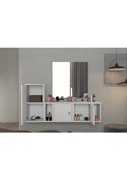 Modüler Duvar Tipi Kapaklı Dolaplı Açık Raflı Makyaj Masası Seti BEYAZ-PNR-MKJ-1007